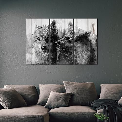 Miniatura 2 de OuElegent Lienzo decorativo para pared, diseño de lobo en blanco y negro, rústico, vida silvestre, impresiones de lobos blancos, 3 paneles para sala