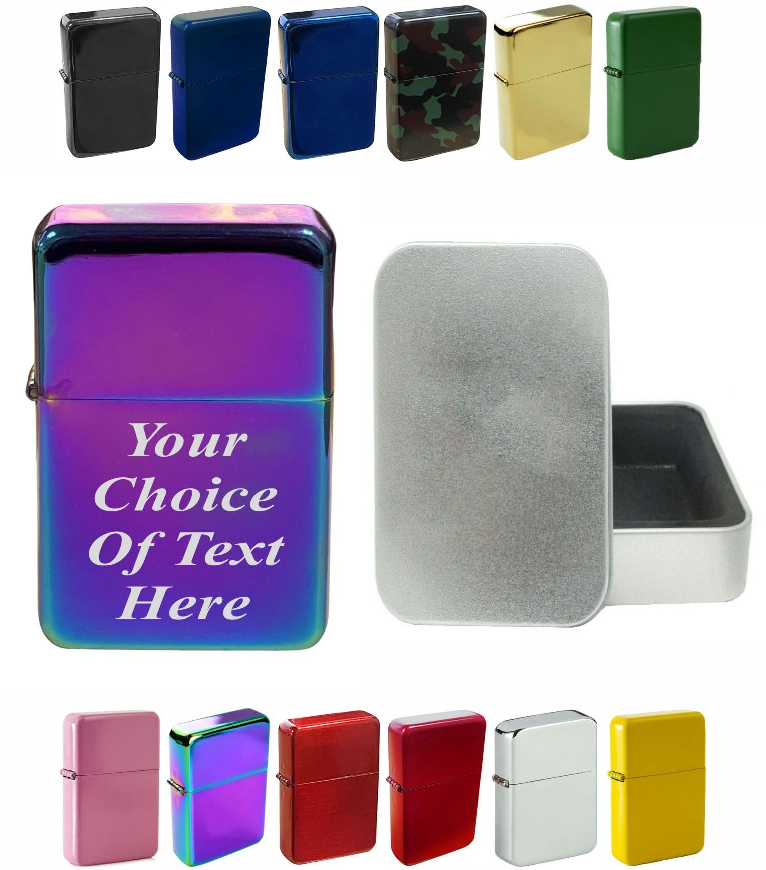 Personalised Engraved Lighter for Birthday, Fathers Day, Anniversary, Choice of Colours - With Luxury Gift Tin Packaging (Rainbow)