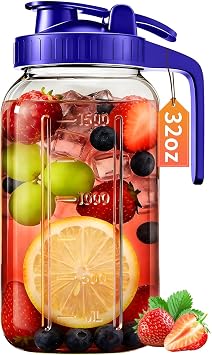 32oz Glass Pitcher with Lid & Spout 1 Quart Mason Jars, Airtight & Leakproof Breastmilk Pitcher for Cold Brew Coffee, Sun Tea, Water, Juice Wide Mouth, Fridge Safe