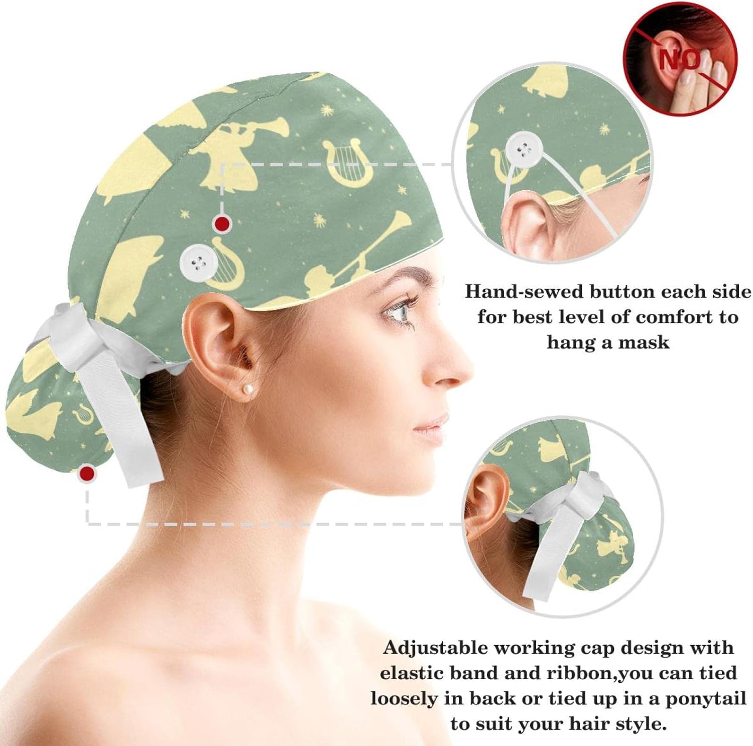 Miniatura 3 de Retro Car Classic Surgical Cap with ButtonsBow Hair Scrunchy for Long Hair