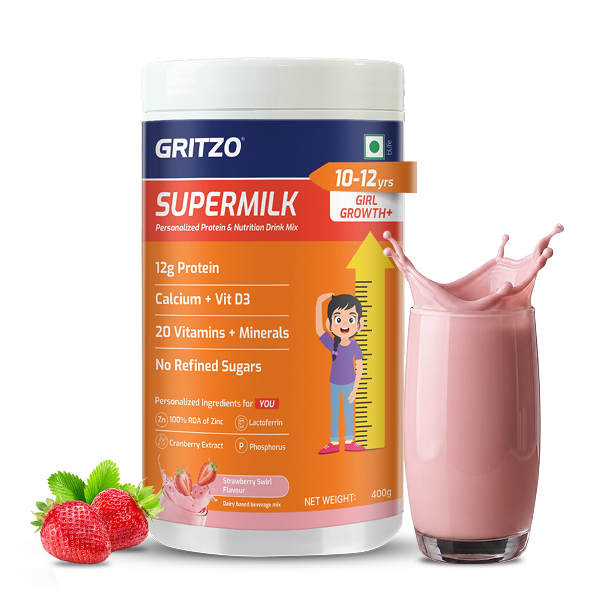 gritzo supermilk growth+ (10-12y girls), 12g protein powder (strawberry swirl, 400g) | zero refined sugar, 20 vitamins & minerals
