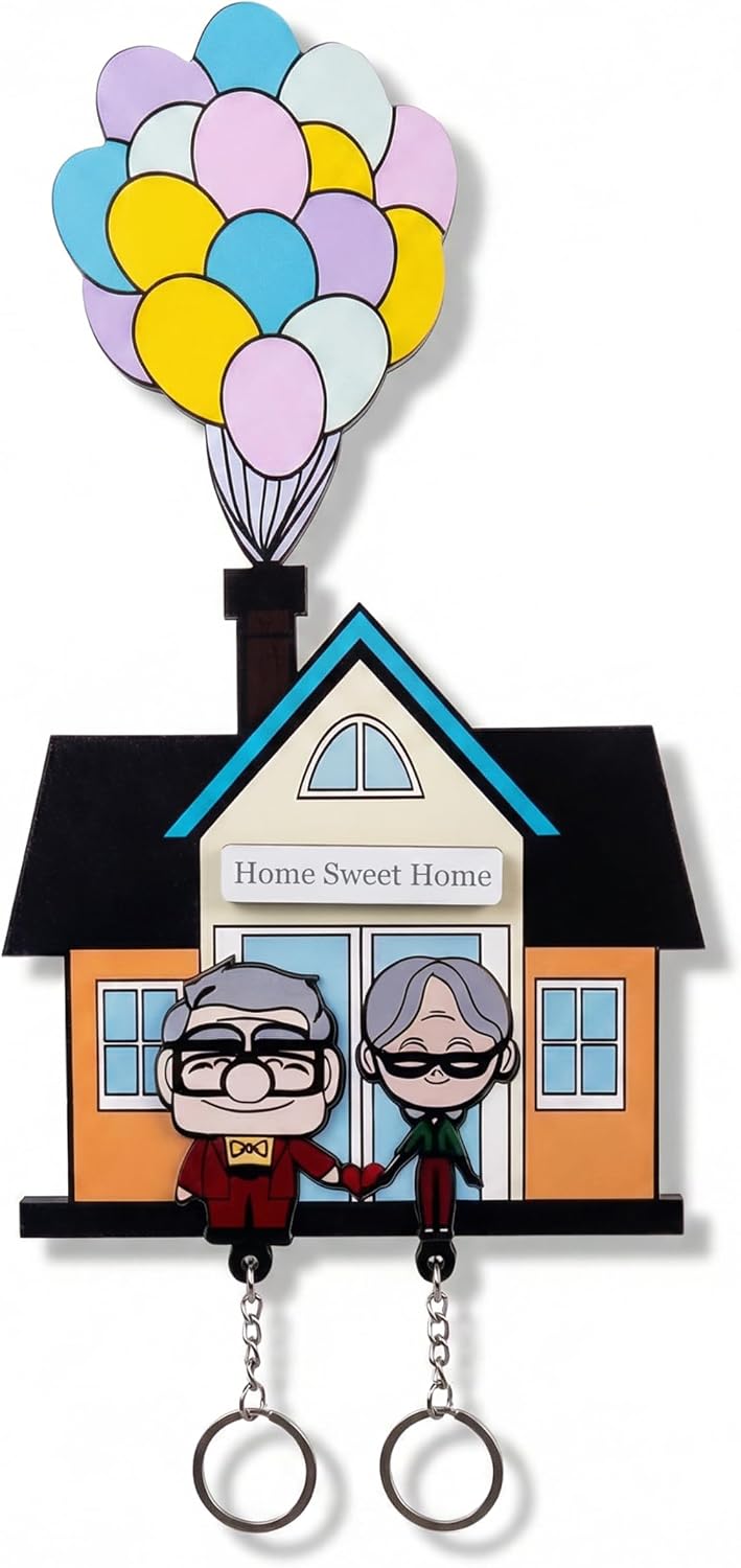 Wall Key Holder with Magnetic Matching Couple Keychains - Wooden Balloon House Key Organizer for Wall, Decorative Key Rack for Entryway or Hallway, Cute Home Decor