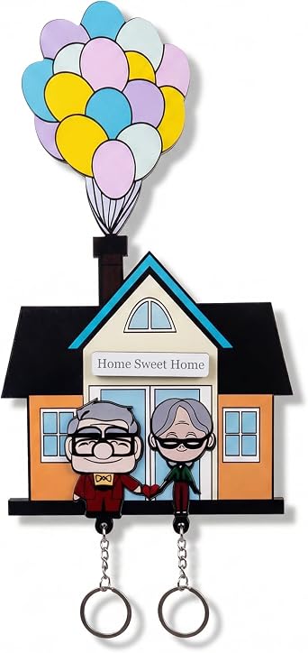 Wall Key Holder with Magnetic Matching Couple Keychains - Wooden Balloon House Key Organizer for Wall, Decorative Key Rack for Entryway or Hallway, Cute Home Decor