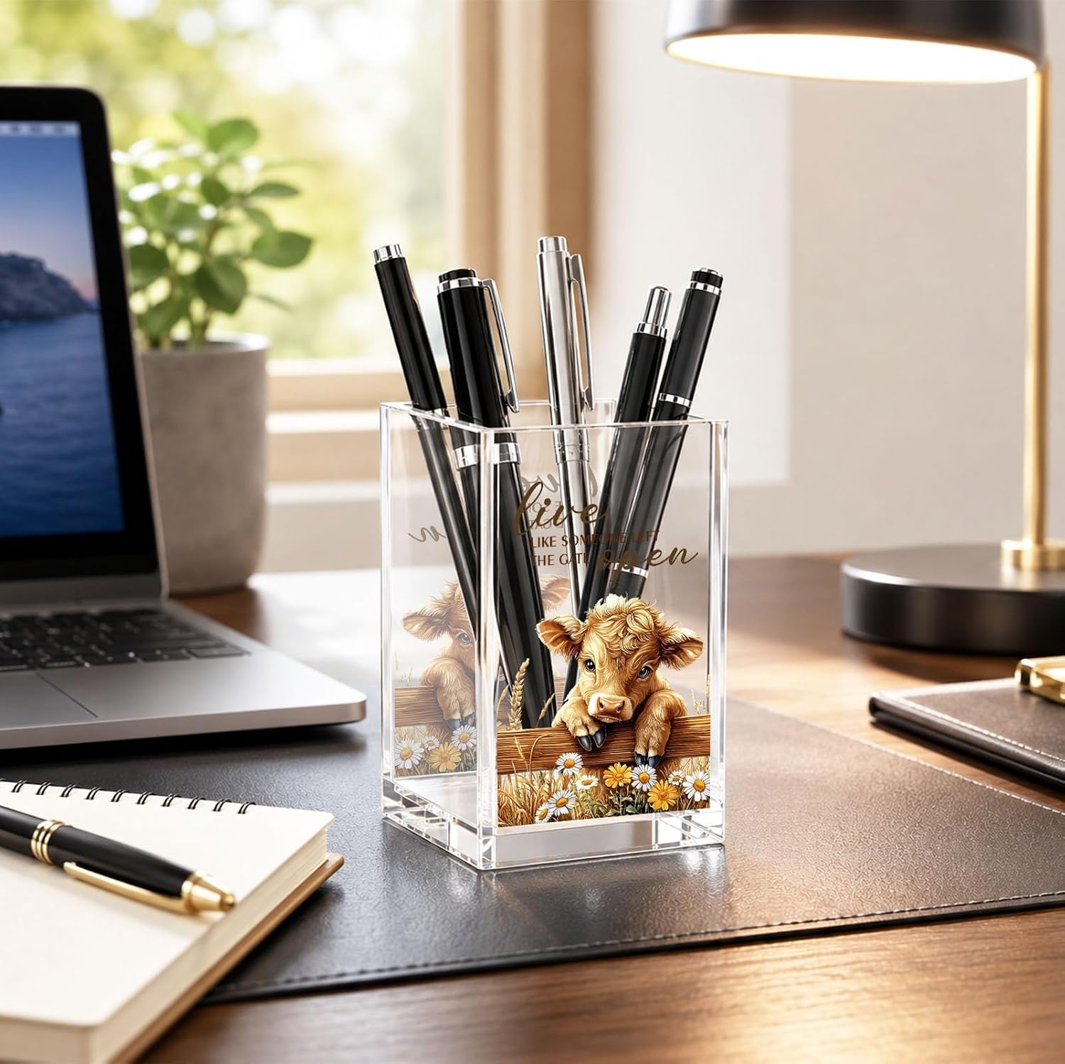 Highland Cow Acrylic Pen Holder Cup, “Live Like Someone Left the Gate Open” Desk Decor, Cute Cow Pencil Holder Organizer, Farmhouse Office Accessories, Gift for Women image 4