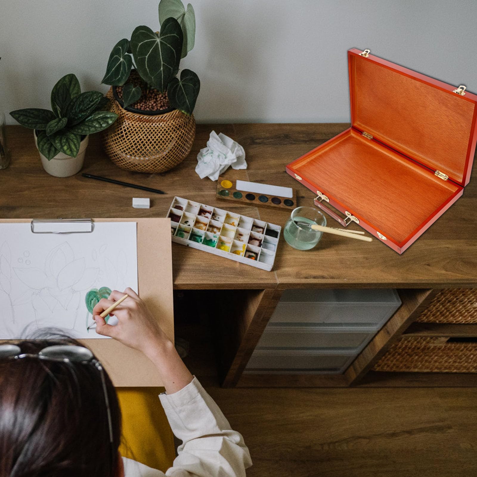 Operitacx Boîte de Rangement en Bois Portable pour Matériel de Dessin Poignée Solide, Caisse à Peinture Robuste et Multifonctionnelle pour Artistes