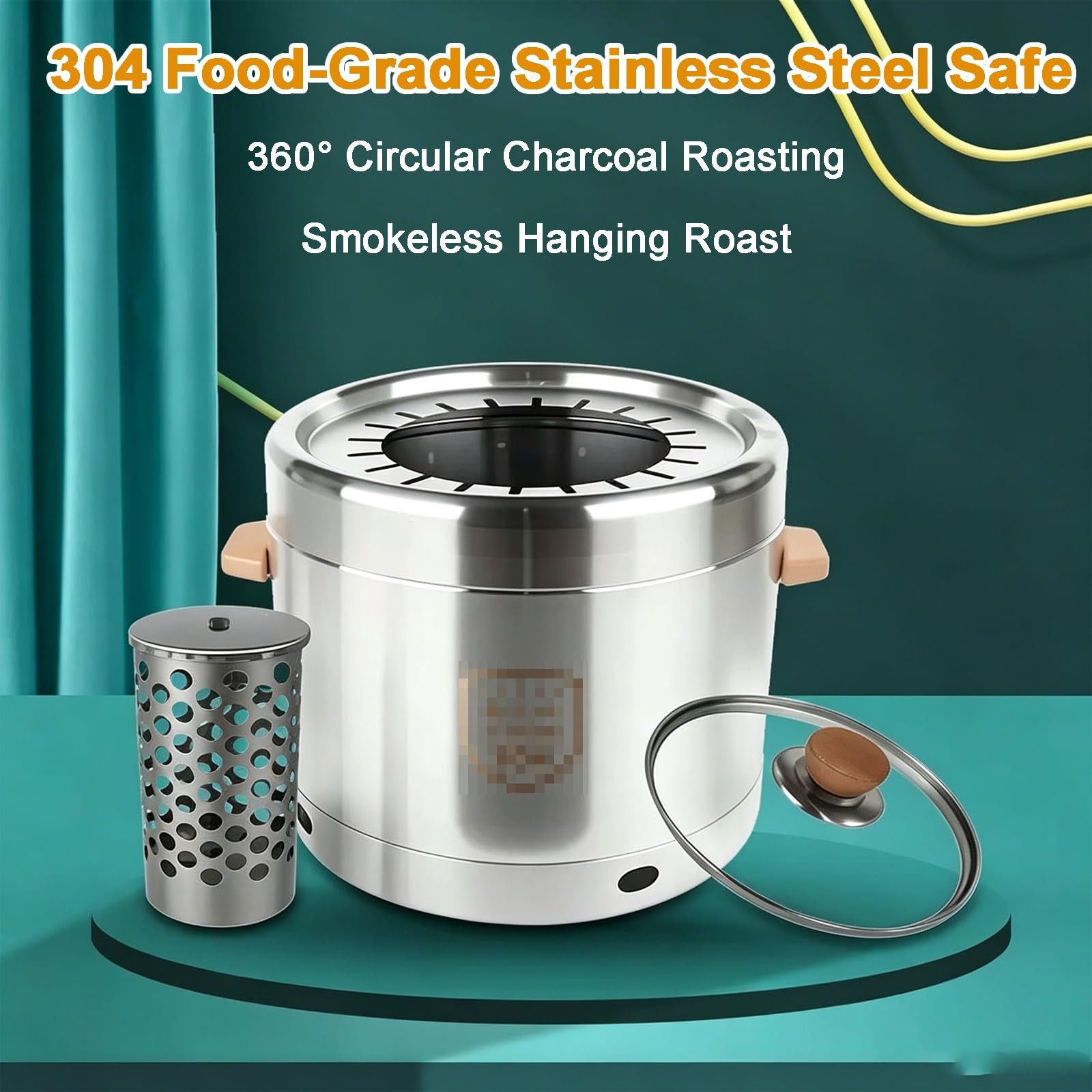 Affumicatore Compatto, Barbecue Portatile Smontabile, con Manico in Legno Coperchio in Vetro, Acciaio Inox Alimentare 304 da Esterno Giardino Campeggio