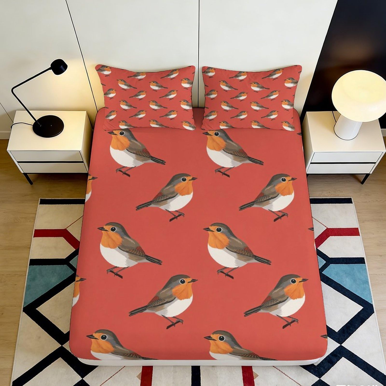 3D Printed Robin Bird Fitted Sheet Microfiber Red Pattern Mattress Cover for Bedroom Decoration Dorm Protector 90x200x25cm