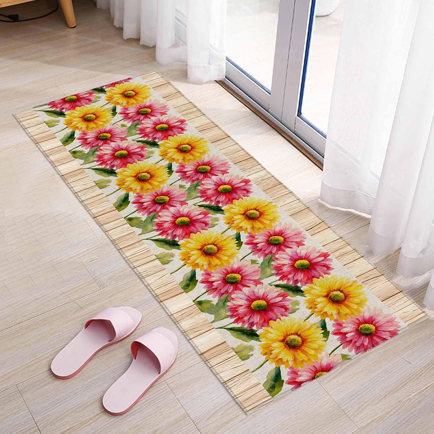 Teamery Kitchen Mats for Floor Farm Pink Yellow Daisy Washable Non Slip Kitchen Rugs 1PCS, Country Brown Wood Board Absorbent Standing Mats for Sink Bathroom Office Living Room 15.7x47.2in