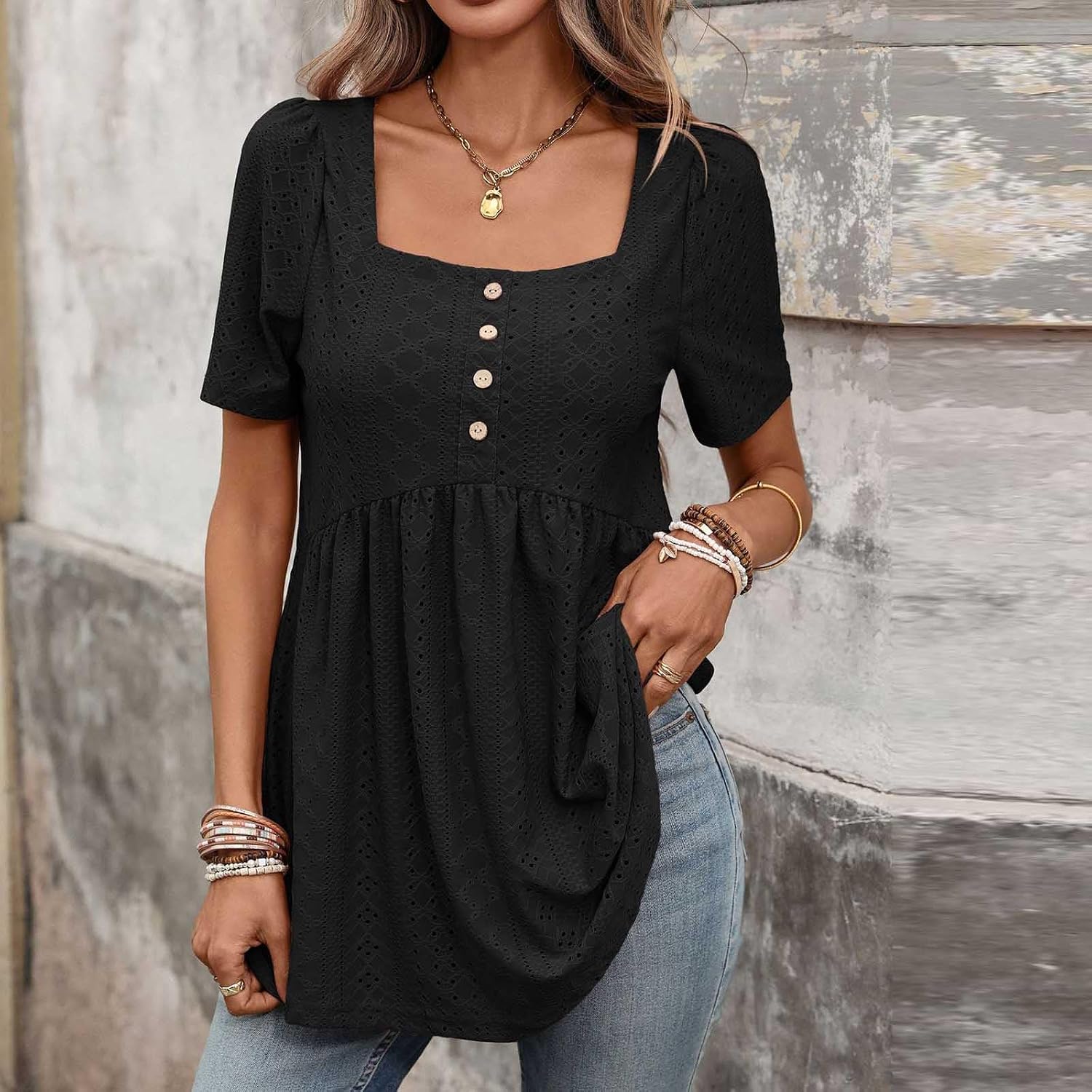 Womens Summer Tops Babydoll Short Sleeve Shirts Square Neck Peplum Top Loose Casual Pleated Tunic Blouse