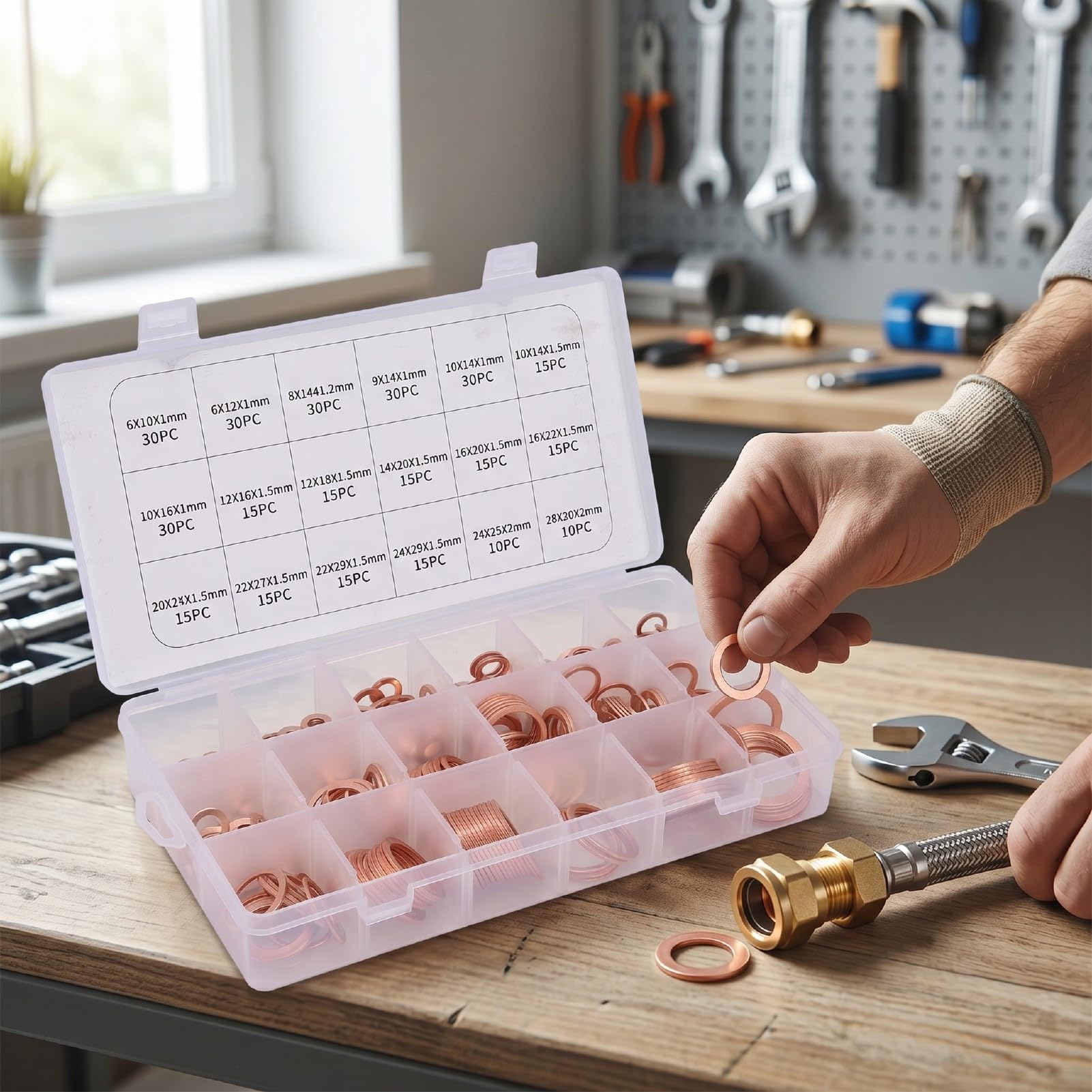 Generic Juego de 350 Arandelas de Cobre, Kit Surtido de 18 Tamaños, Junta de Cobre de Sellado Plano para Tapón de Drenaje de Aceite de Tubería Marina Automotriz, Duradero