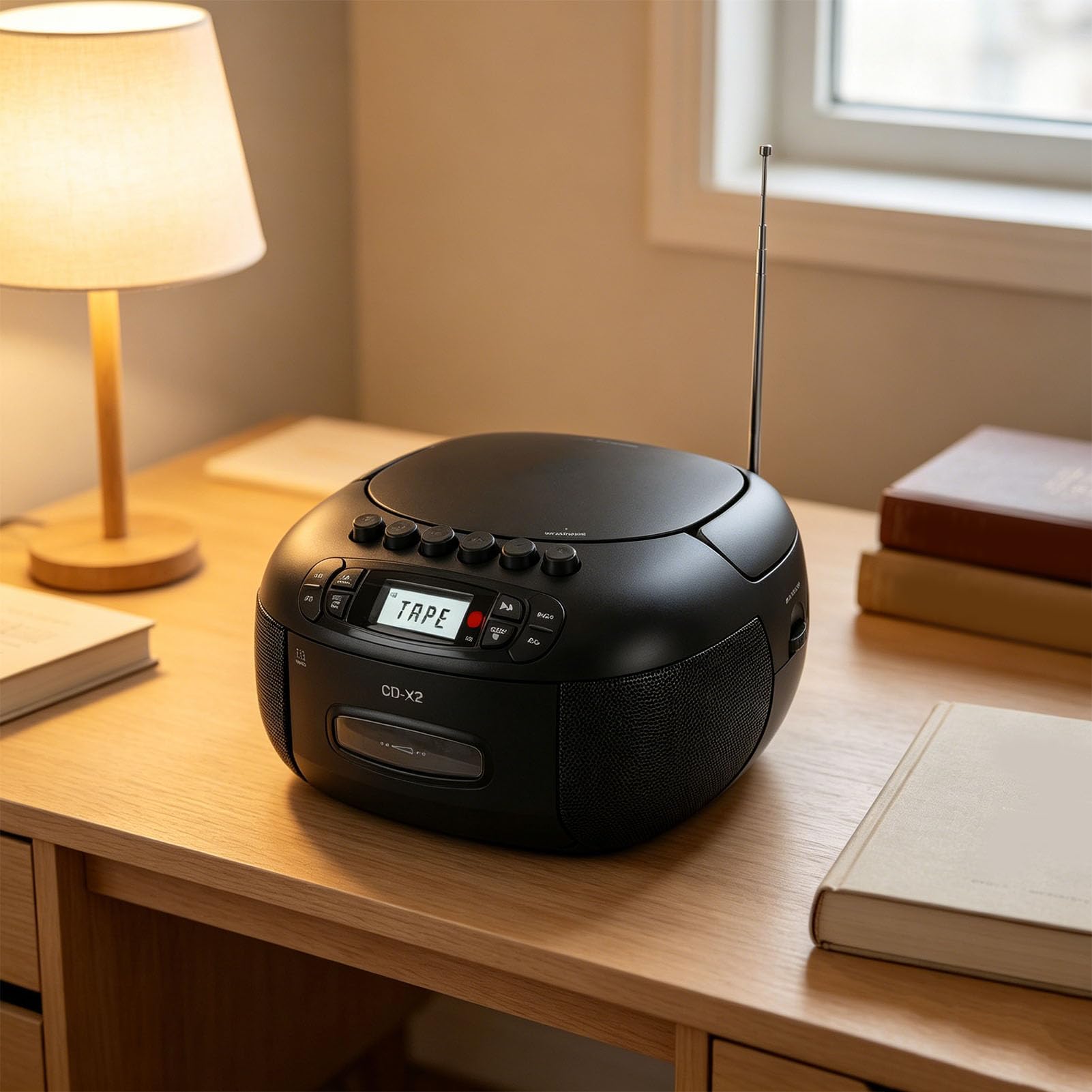 Odtwarzacz Kasetowy CD Boombox, Przenośny Odtwarzacz CD i Zestaw Odtwarzaczy Kasetowych z Bluetooth, Radiem AM FM, Wejściem USB AUX, Pilotem, Wyświetlaczem LCD, Zasilaniem (wtyczka UE)
