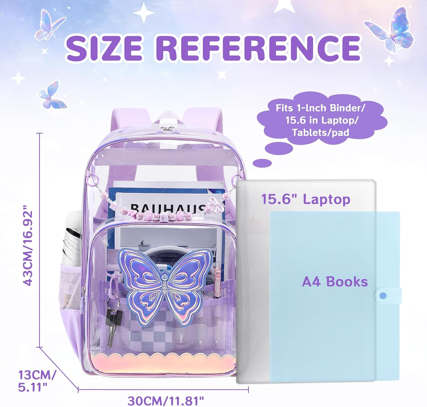MUSEVOS Clear Backpack, Clear Bookbag for School PVC Heavy Duty Transparent Backpack for Girls, Purple Butterfly