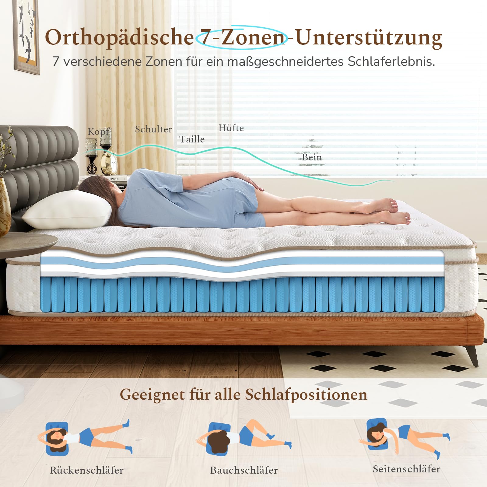 Premium-Matratze 180x200 H3 Produziert nach Deutschem Qualitätsstandard, Höhe 30cm Federkernmatratze mit Öko-Tex Zertifiziert, 7-Zonen 1.000er Tonnentaschenfederkernmatratze