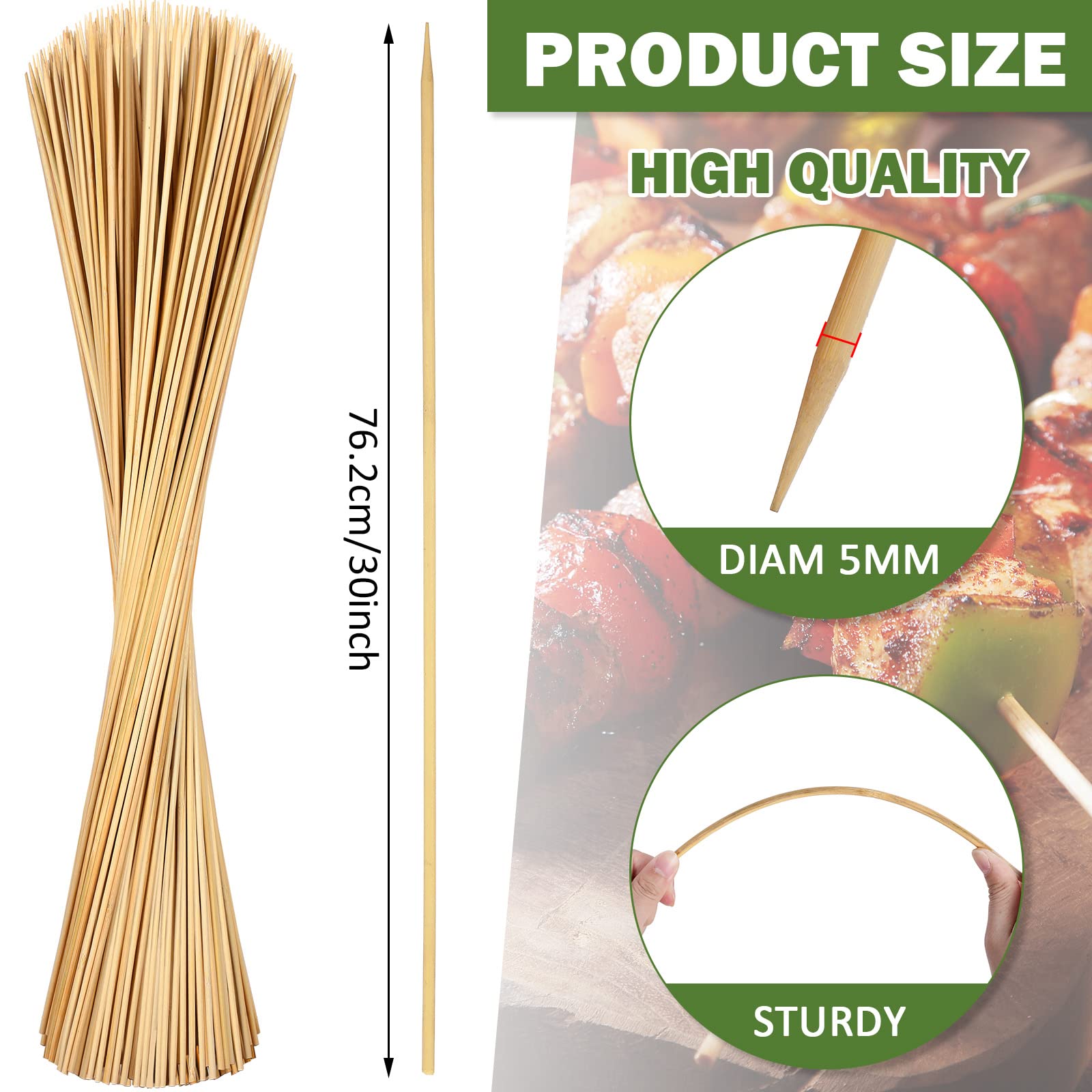 180 Stück Bambus-Marshmallow-Bratstäbchen, große Smores-Spieße, Einwegspieße, 76,2 cm, extra langer Stab, 5 mm dicke Stäbchen für offene Feuerbräter, Grill, Hot Dog Camping Schaschlikwurst