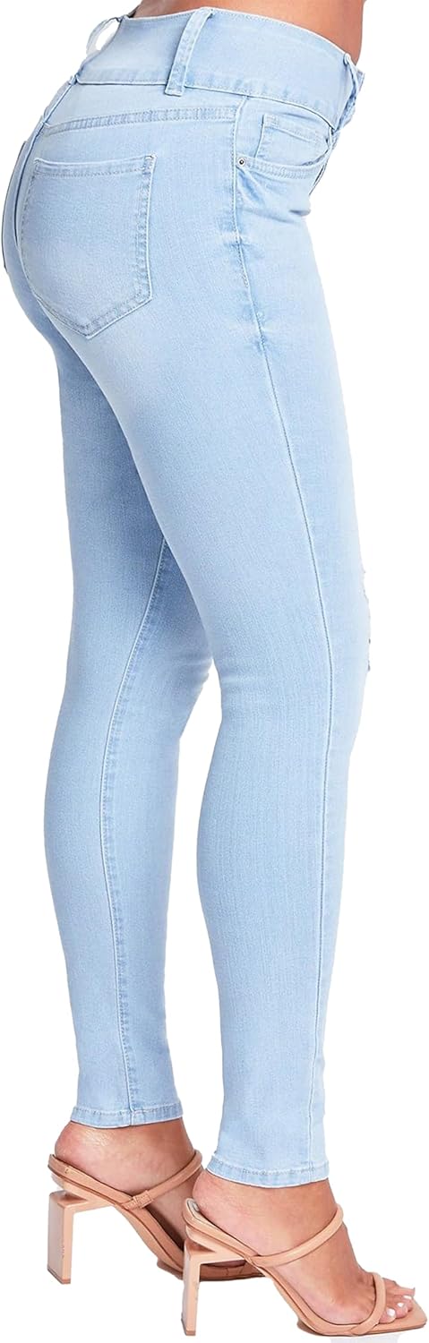 YMI Womens 3-Button High-Rise Skinny Made with Recycled Fibers Jeans, Light Blue Rips, 9 US - Image 2