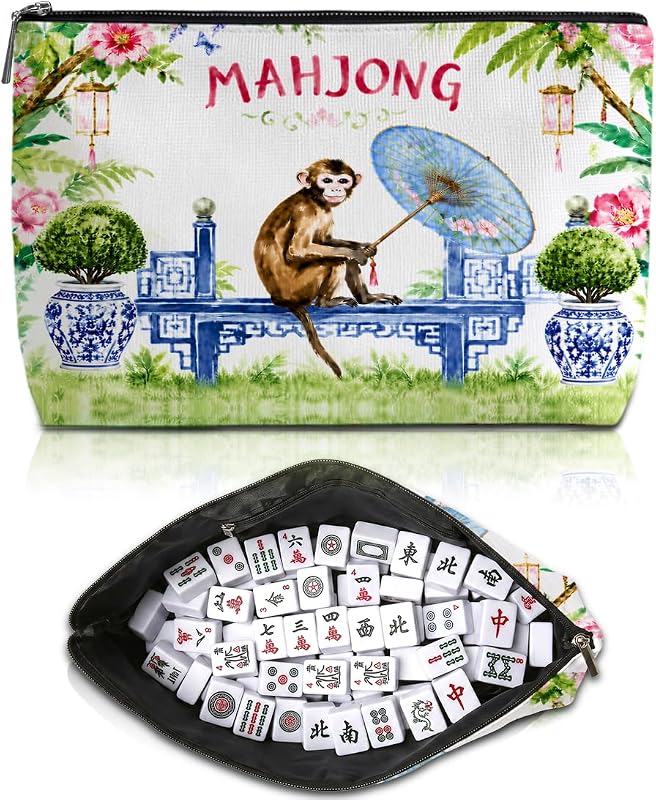 Blue Leaves Bolsa para Peças de Mahjong com Zíper, Estampa Chinesa Multicolor 1817