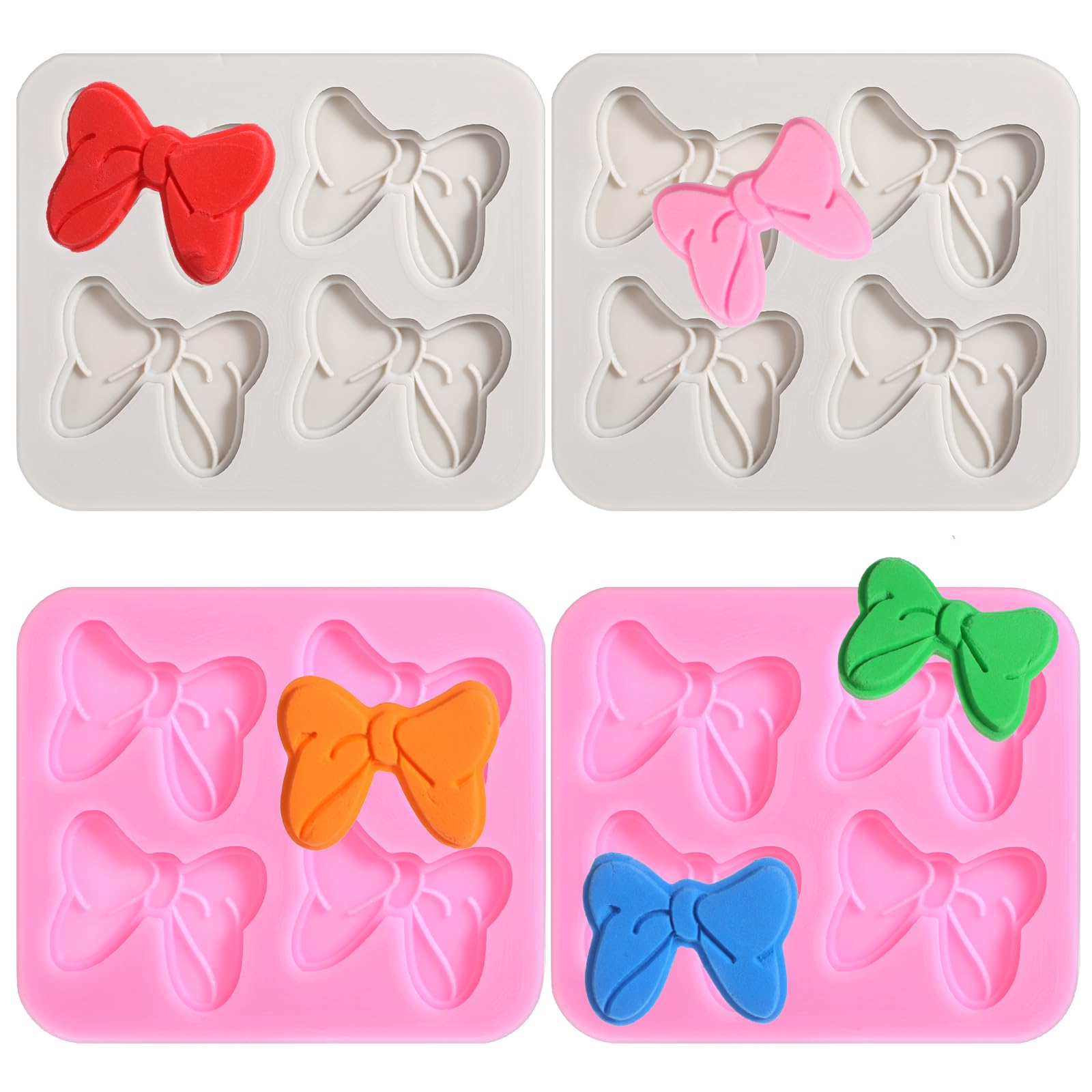 4 Pcs Bow Silicone Mold 4 Hole Bow Chocolate Fondant Mold Sugar Candy Cake Pop Cartoon Butterfly Tie Cake Molds for DIY Birthday Party Cakes Decorating