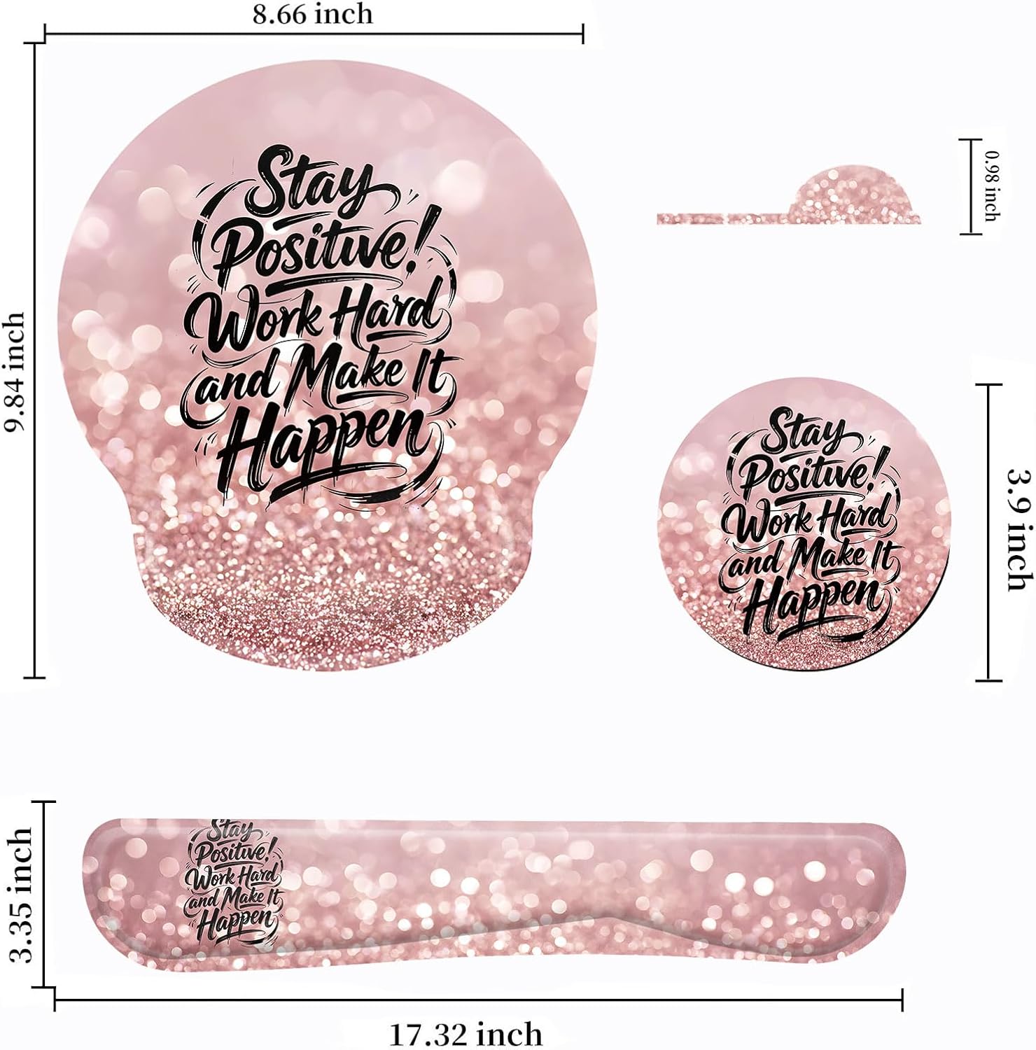 Keyboard Wrist Rest and Mouse Pad Wrist Support Set with Coasters,Stay Positive Work Hard and Make It Happen Rose Gold Glitter Wrist Mouse Pad with Non-Slip PU Base for Computer Laptop Home Office