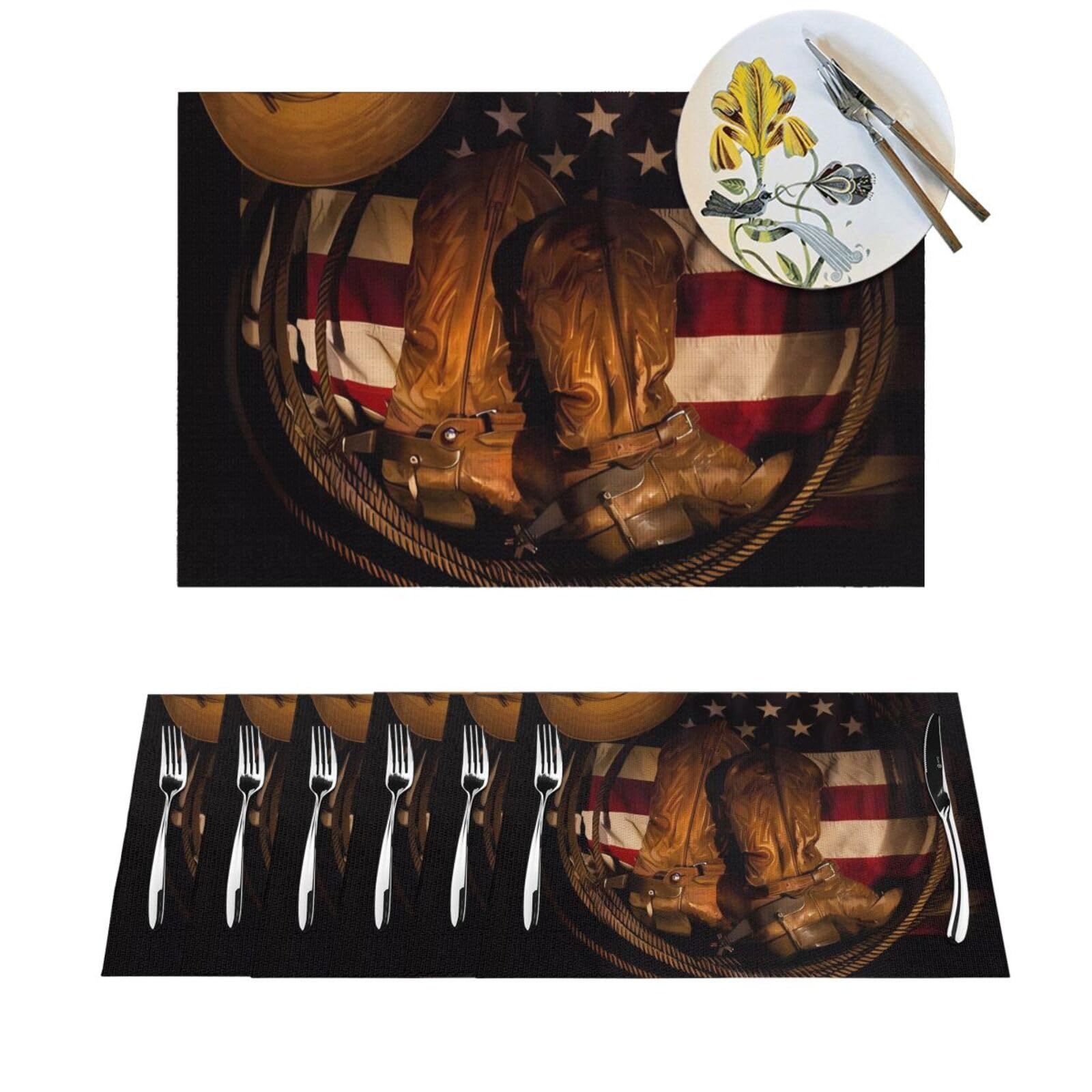 Set de table PVC drapeau américain et bottes de cowboy lavable pour repas en extérieur 30x45 cm