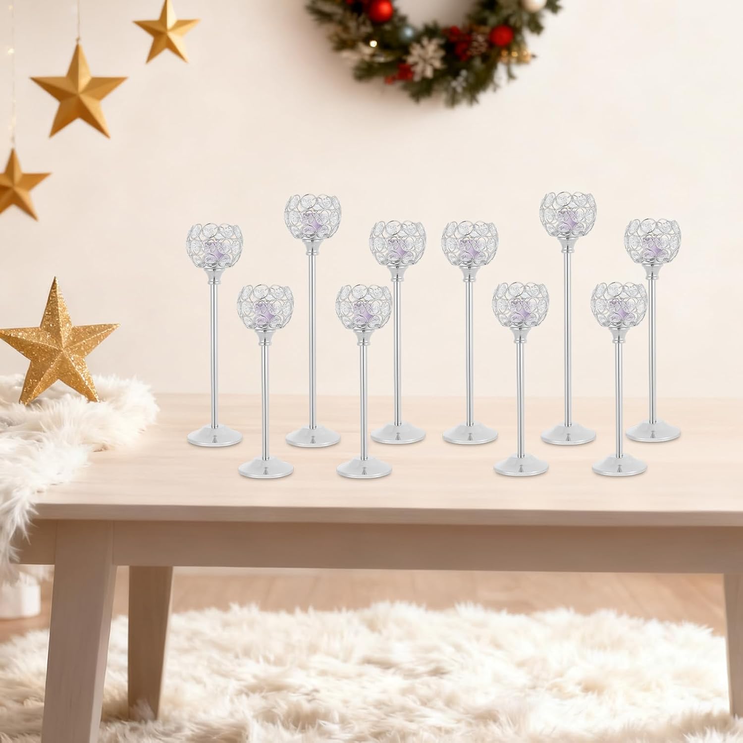 2 PCS 5 Arm Gold Crystal Candelabra Centerpieces for Table Decorations 26 Inch Tall Metal Candle Holder Candlestick Holders with Crystal Bowl for Wedding, Dinner, Anniversary, Party (10, Silver)