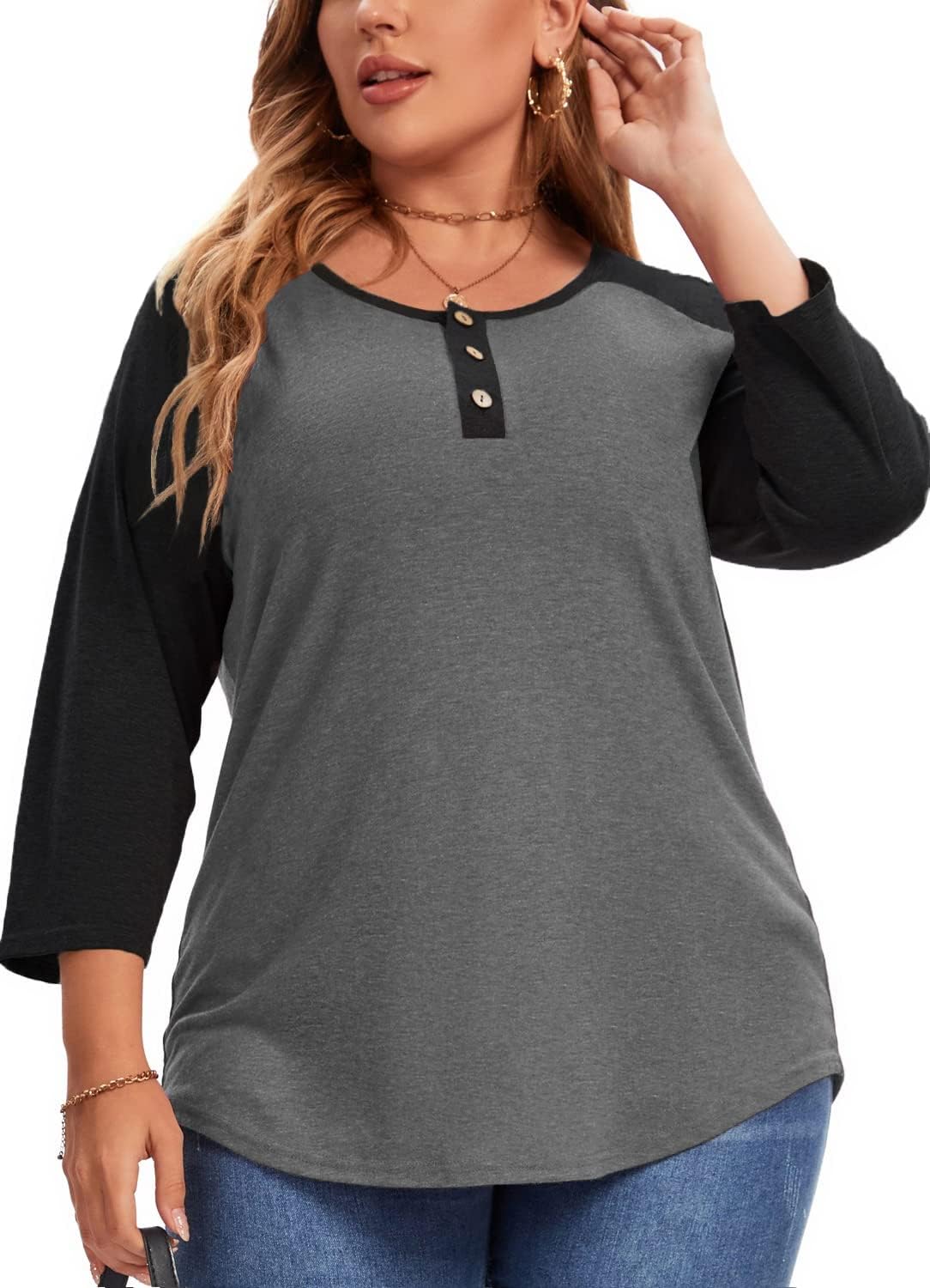 Plus Size Tops for Women 3/4 Sleeve Shirts Crewneck Color Block Blouse Casual Henley Tops - Image 3