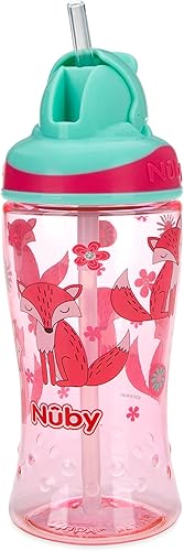 Nuby Thirsty Kids - Taza de refuerzo impresa Flip-it con popote fino y suave, 12 onzas, más de 18 meses, 1 paquete (rosa y aguamarina)
