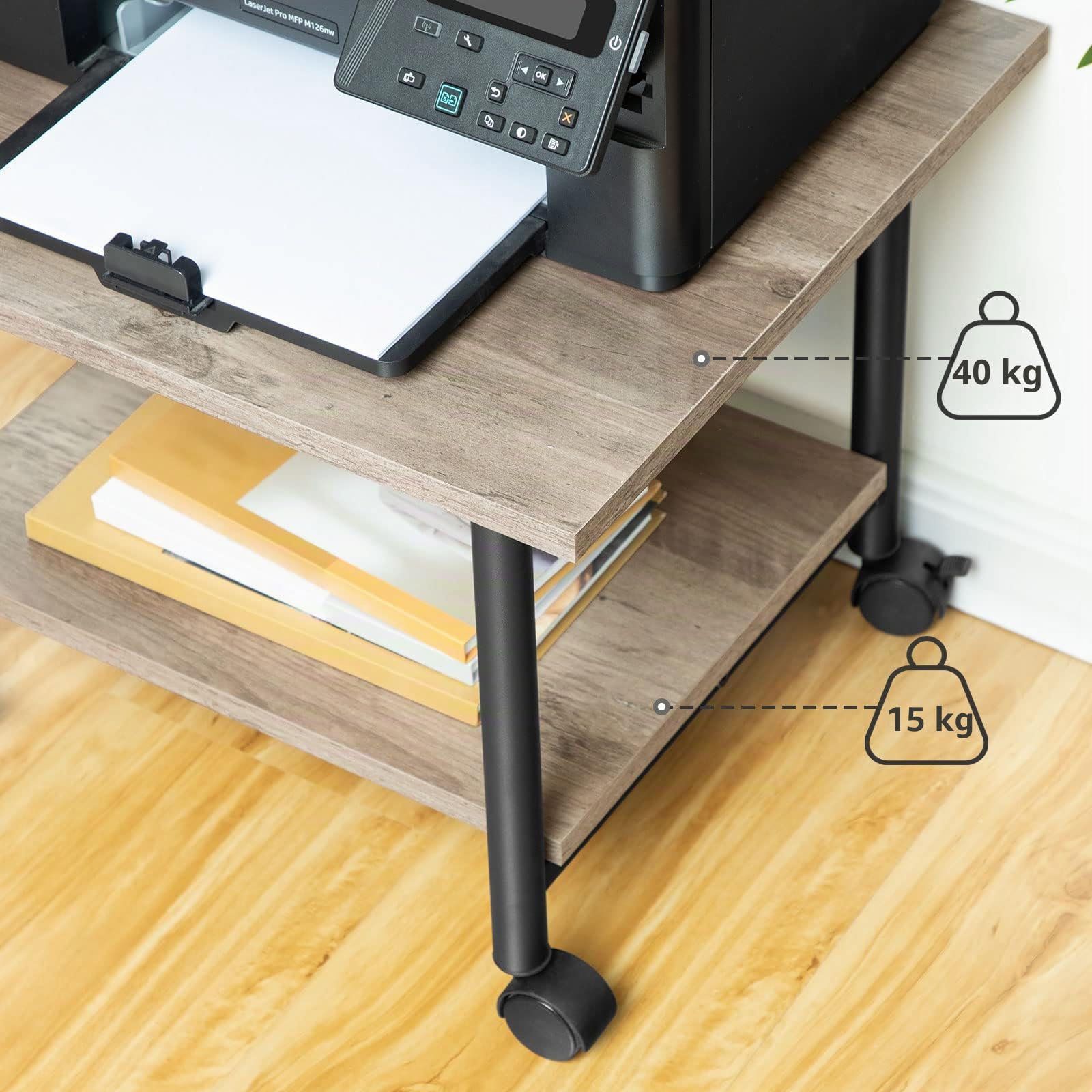 HOOBRO Soporte de Impresora, Carro Móvil con Ruedas y 2 Estantes, para Oficina, Casa, Copiadora, Escáner, Microondas, Macetas, Estructura Metálica, Greige y Negro EBG02PS01