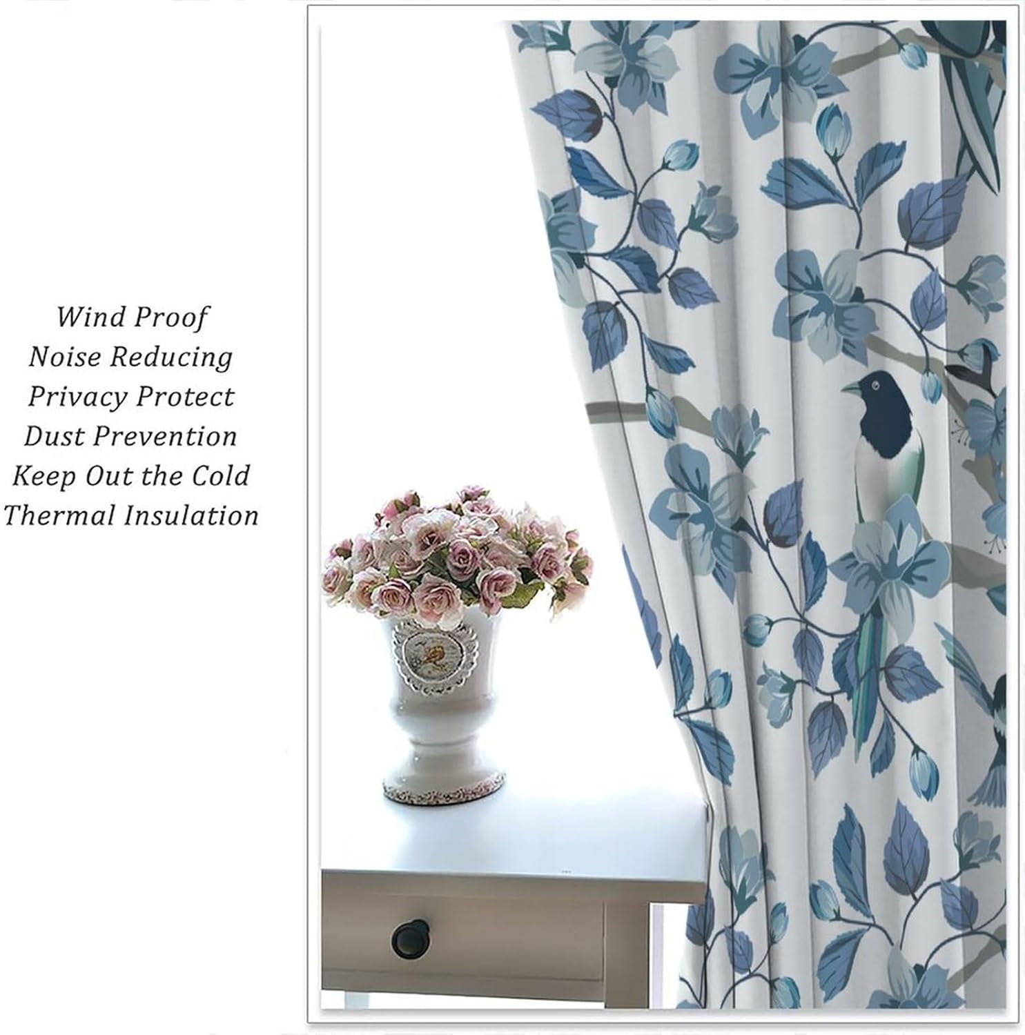 Bird Flower Curtains,Blue Leaves Modern Art Print Window Treatments for Bedroom Living Room Kitchen Home Décor Window Drapes 2 Panels Set,Total Size 42 x 63 Inch