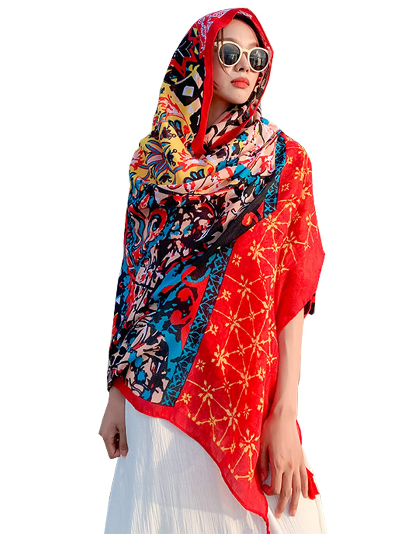 Women's Boho Bohemian Soft Blanket Oversized Fringed Scarf Wraps Shawl Sheer Gift, Sf010-61, L