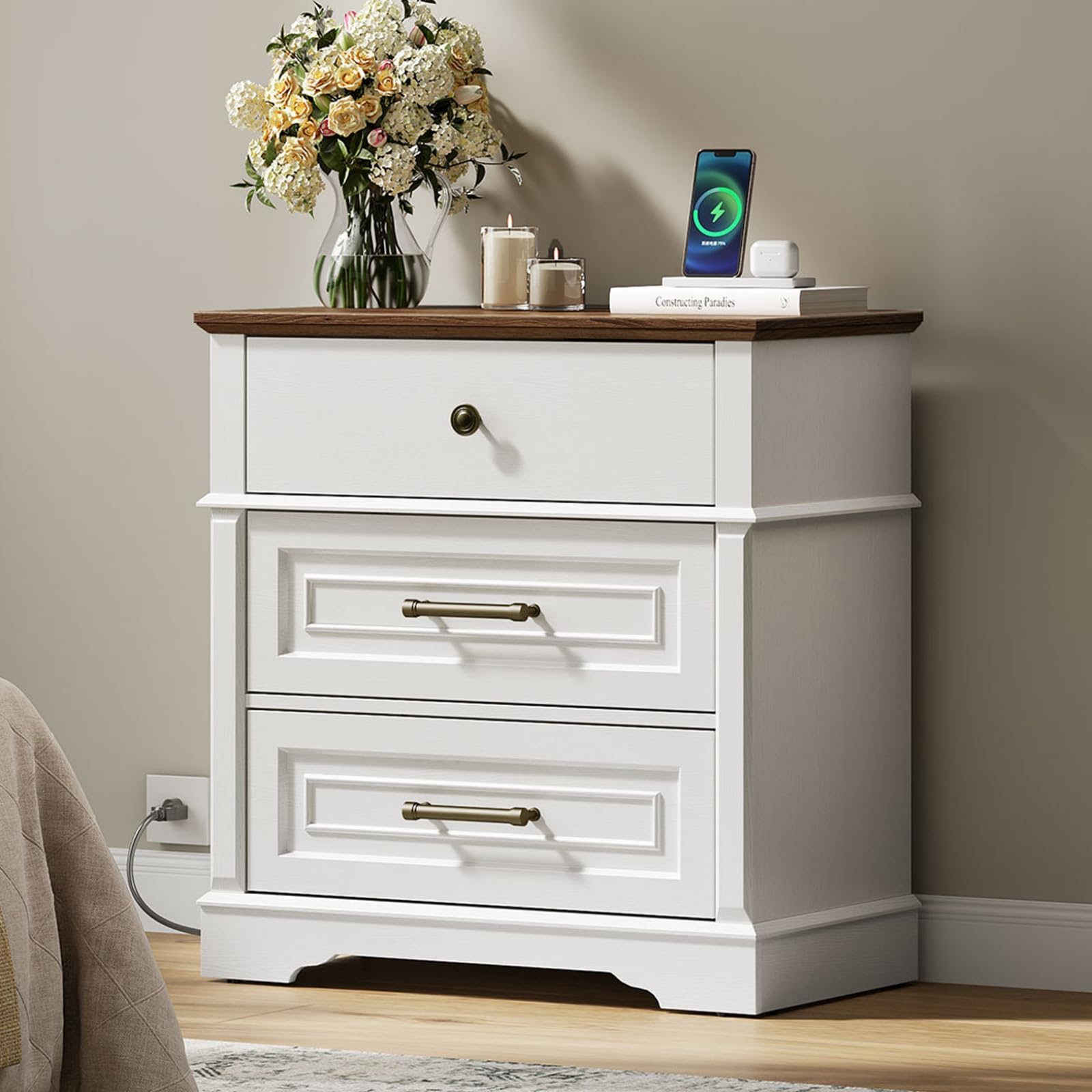 similar,incomplete)))Farmhouse 3 Drawer Dresser, Tall Nightstand with Charging Station, 27.6 Inch Wide End Side Table with 3 Drawers, Large Bedside Table for Bedroom, White and Walnut