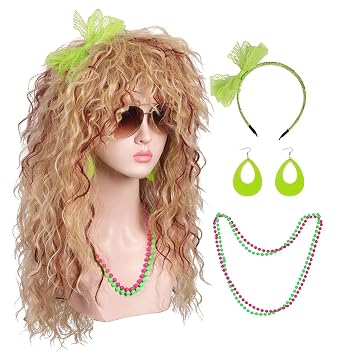 Women Long Curly 80s Blonde with Reddish Brown Cosplay Wig with Lace Headband Earrings and Necklace for Halloween