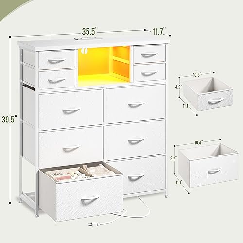 Miniatura 3 de Cómoda blanca para dormitorio con 10 cajones con luz LED y toma de corriente, cómodas de tela y cómoda con estantes abiertos para pasillo, sala de