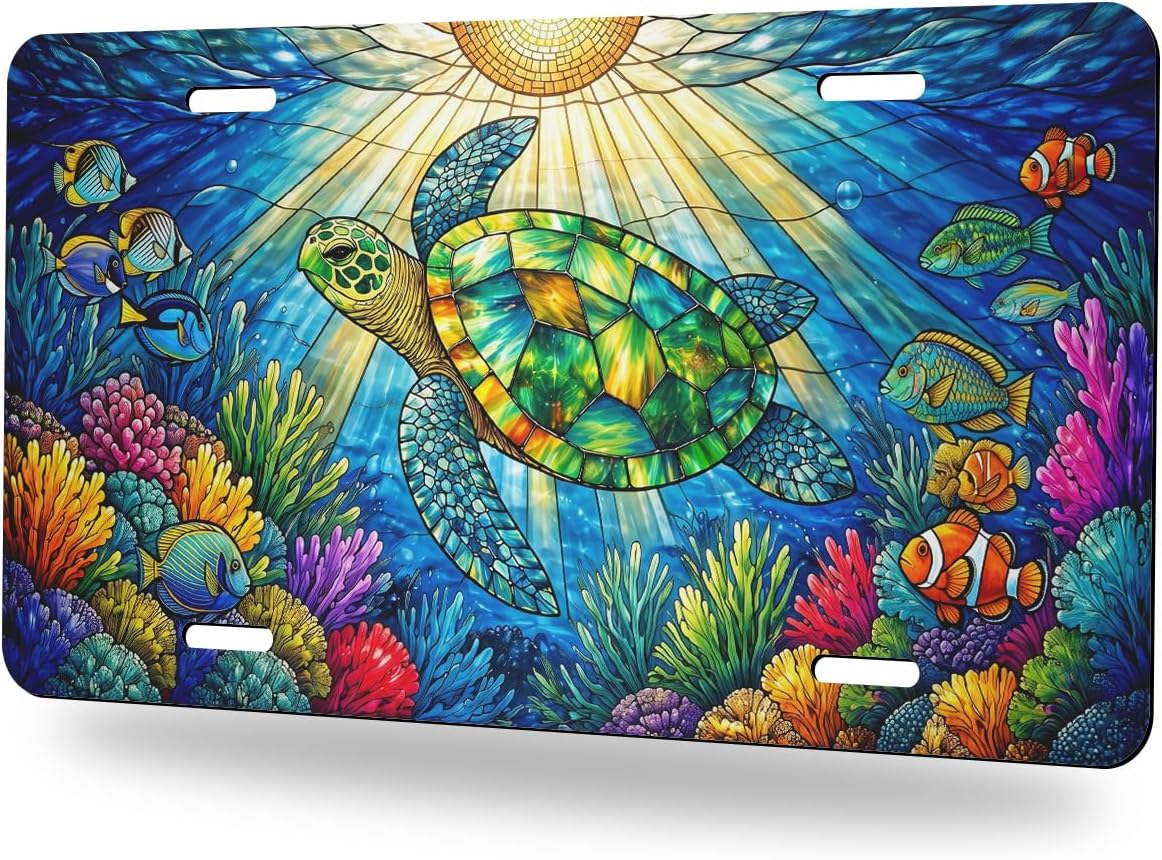 Turtle Stained Glass Ocean License Plate Sea Life Coral Colorful Aluminum Decorative License Plates Funny Metal Car Plate Novelty Vanity Tag Cover 6"X12" Car Decor Accessory for Men Women