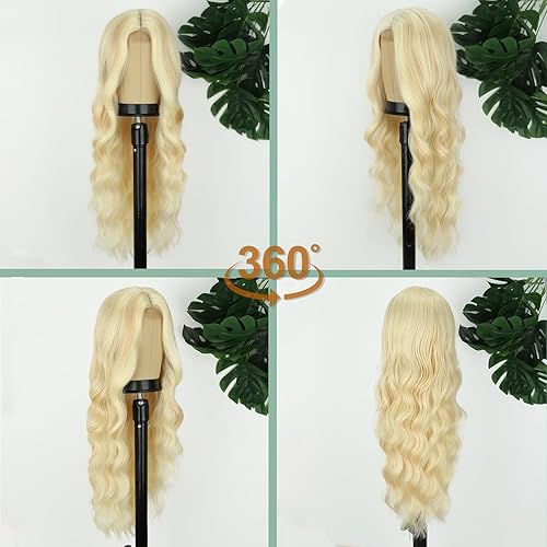 Miniatura 10 de WERD Pelucas largas onduladas negras para mujer, peluca rizada negra con parte media sintética de 26 pulgadas, peluca negra de aspecto natural para