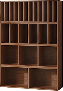 IOTXY DIY Modular Cube Bookcase - CubeXY Customizable Stackable Expandable Combination Set, 23-Cube Open Bookshelf for Books, Fabric Storage Bin, and 7/10-inch Vinyl Record Organizer, Walnut