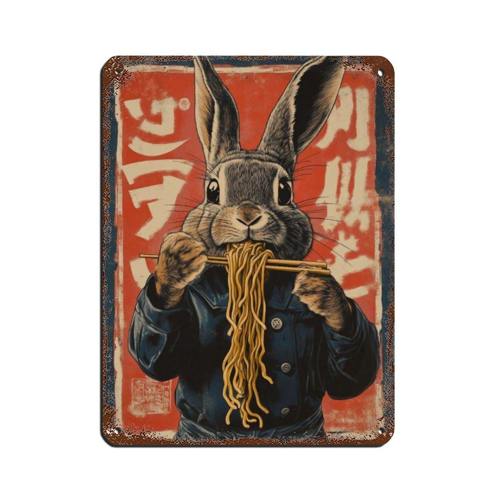 Cute Rabbit Eating Noodles Poster, Retro Poster Metal Tin Sign Chic Art Retro Iron Painting Bar People Cave Cafe Family Garage Poster Wall Decoration 12x16inch(30x40cm)