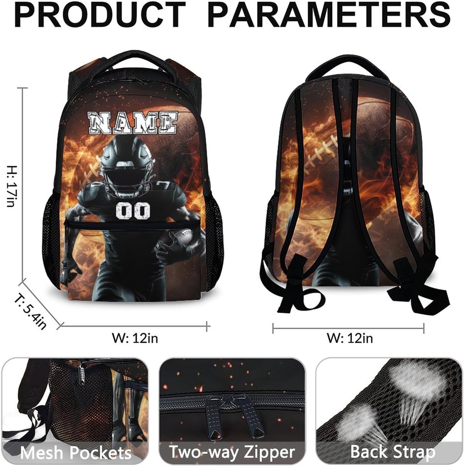 Personalized Kids Backpack for Boys, 17 Inches Football School Backpacks for Elementary Middle School, Football Schoolbag Gifts Ideas, Custom Name Large Capacity Sports Bookbag for Students