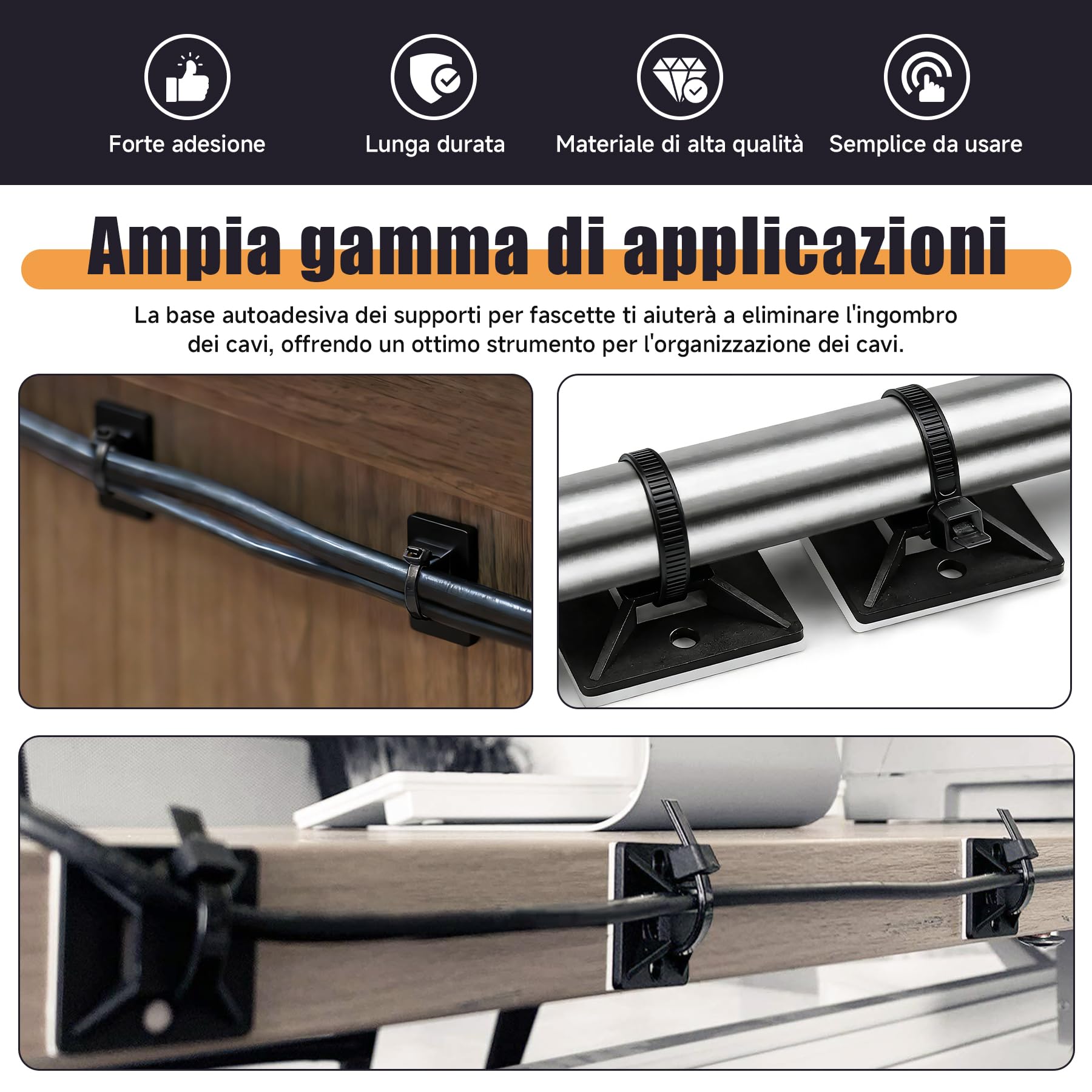 100 Pezzi Supporti Autoadesivi Neri per Fascette con 100 Fascette, Basi Fermacavi Adesive Extra Forte per Cable Management PC, Gaming Setup e TV, 18x18mm, Nero