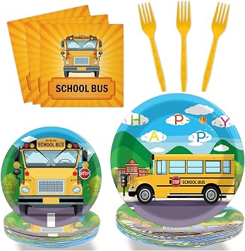 gisgfim 96 Pcs School Bus Party Plates and Napkins Party Supplies Back to School Birthday Party Tableware Set School Bus Decorations Favors for Birthday Baby Shower for 24 Guests