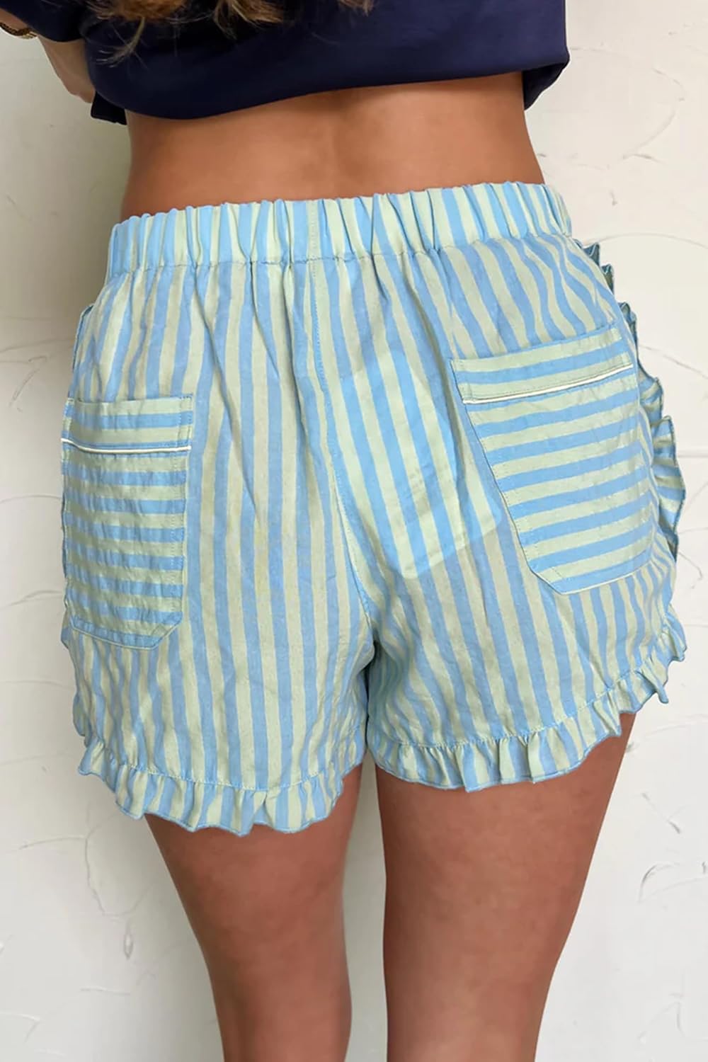 Women's Striped Print Shorts Ruffled Hem High Waist Lounge Shorts Gingham Y2K Beach Trendy Bottoms with Pockets Blue