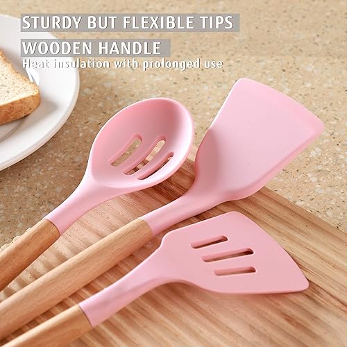Miniatura 7 de hecef Pink Combo, juego de 5 piezas de bloque de cuchillos de cocina con bloque de madera rosa, 32 piezas de utensilios de cocina de silicona, color