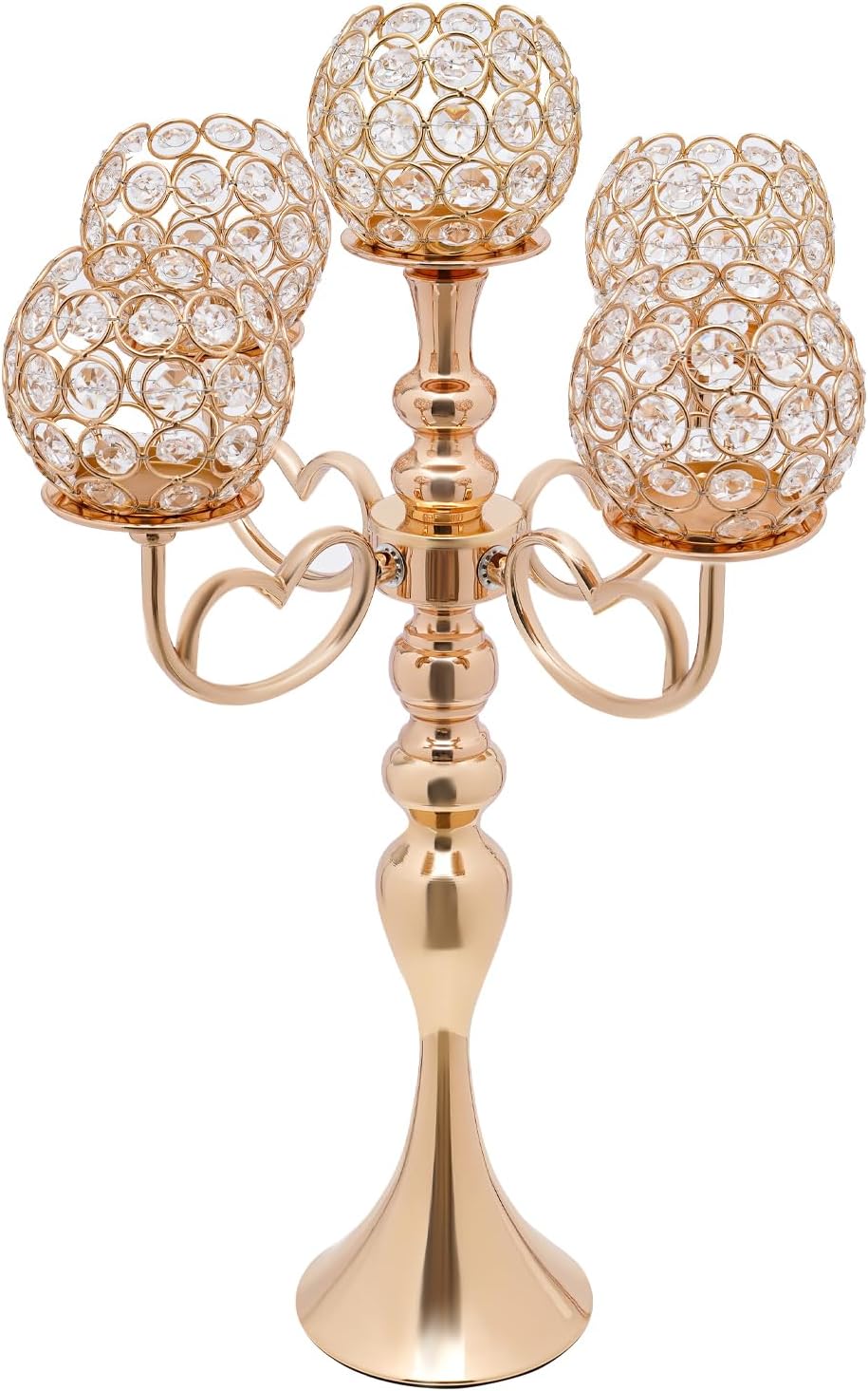 2 Pack 5 Arms Gold Candelabra Centerpiece, 21.5 Inch Tall Floor Crystal Candelabra Chandelier Candle Holder with Crystal Candle Holder Bowl Table Centerpieces Wedding Party