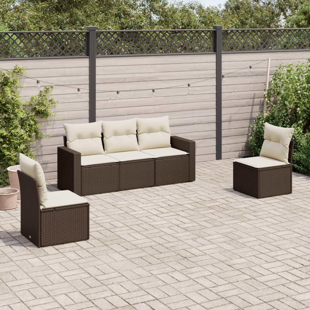 Set di divani da giardino in polyrattan marrone, 5 pezzi, con cuscino, vano portaoggetti, borsa impermeabile, resistente ai raggi UV, portata 110 kg, per giardino, terrazza, balcone