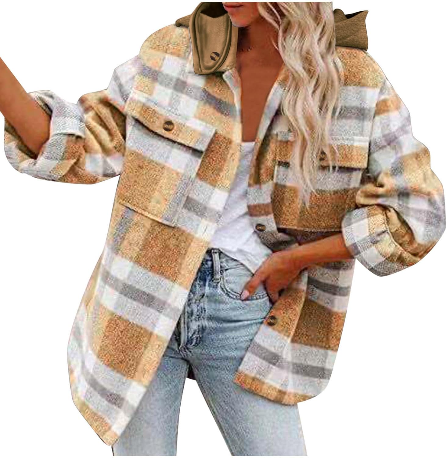 XUNRYAN Shacket Jackets Women Long Sleeve Shirts Oversized Plaid Blouse Jackets Wool-Blend Hoodies 2024 Fashion Clothes