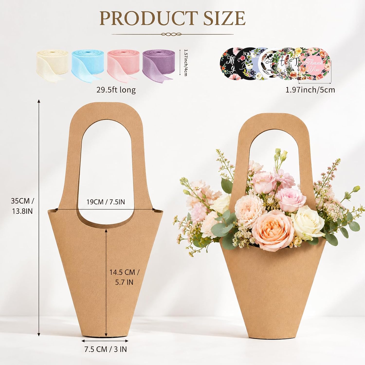 Flower Wrapping Paper Bag with Handle Ribbon Sticker 50pc Bouquet Gift Bags image 2