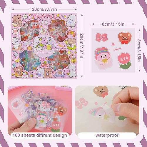 Miniatura 3 de Kit de calcomanías kawaii, 100 hojas de calcomanías lindas de animales de dibujos animados, calcomanías decorativas transparentes de dibujos