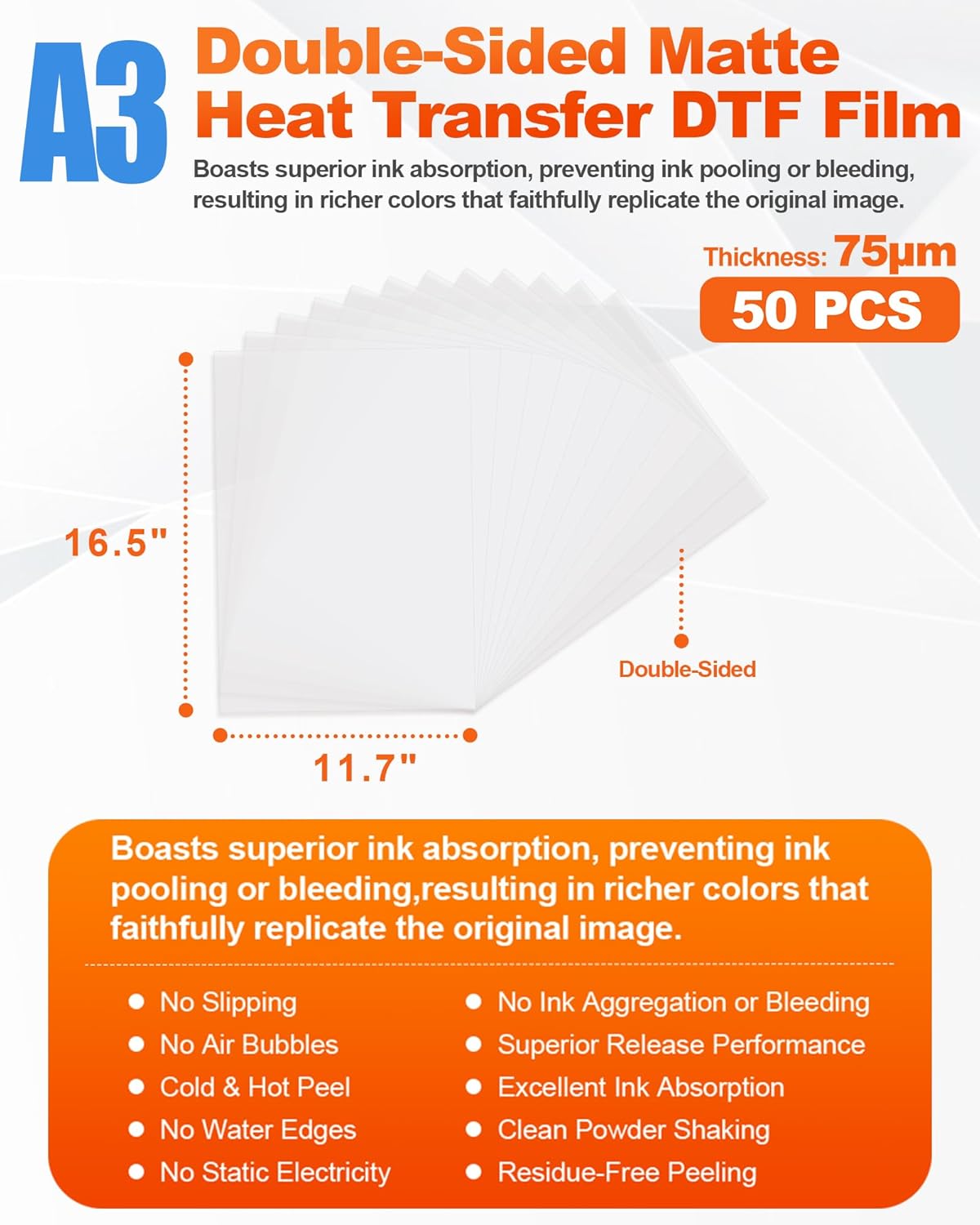 Yitentek A3 DTF Transfer Film, 11.7" x 16.5" Double Sided Matte PreTreat PET Heat Transfer Paper Sheets for DTF Inkjet Printer, DTF Paper Direct Print on T-Shirts Textile, Hot & Cold Peel, 50 Sheets