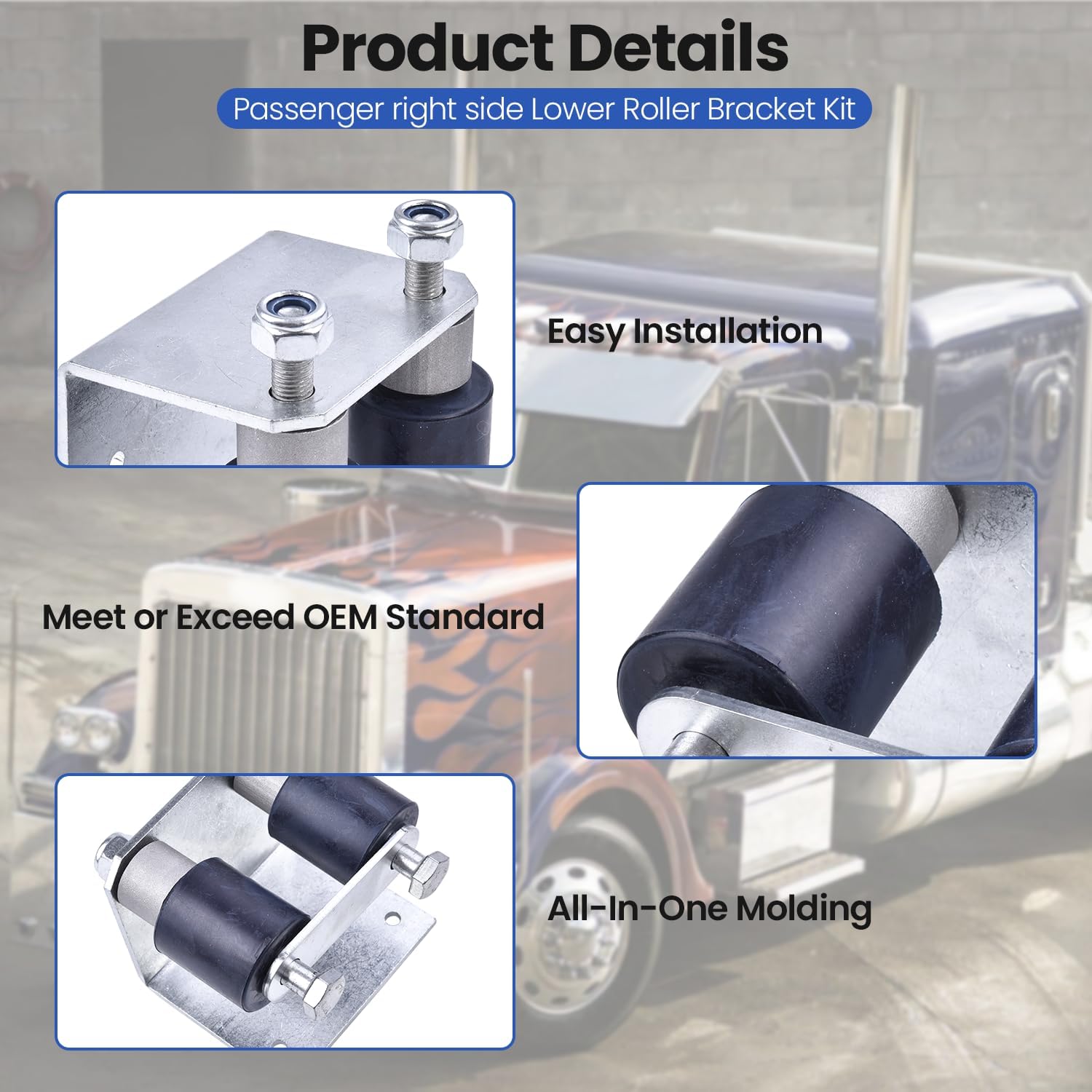 13-04401 Lower Roller Bracket Kit with Rollers and Hardware Fits for Peterbilt 379, Lower Roller Bracket Kit Replace 13-04401M001, 13-03593, 13-04413SPL, 13-04467 (Passenger Right Side)