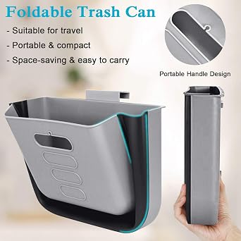 Hanging Kitchen Waste Bin Small Trash Can Foldable Plastic Dustbin Portable Cabinet Rubbish Bin Wall Mounted Garbage Trash Bin for Kitchen Cupboard Door Bathroom Bedroom Office Car Dorm (Grey)