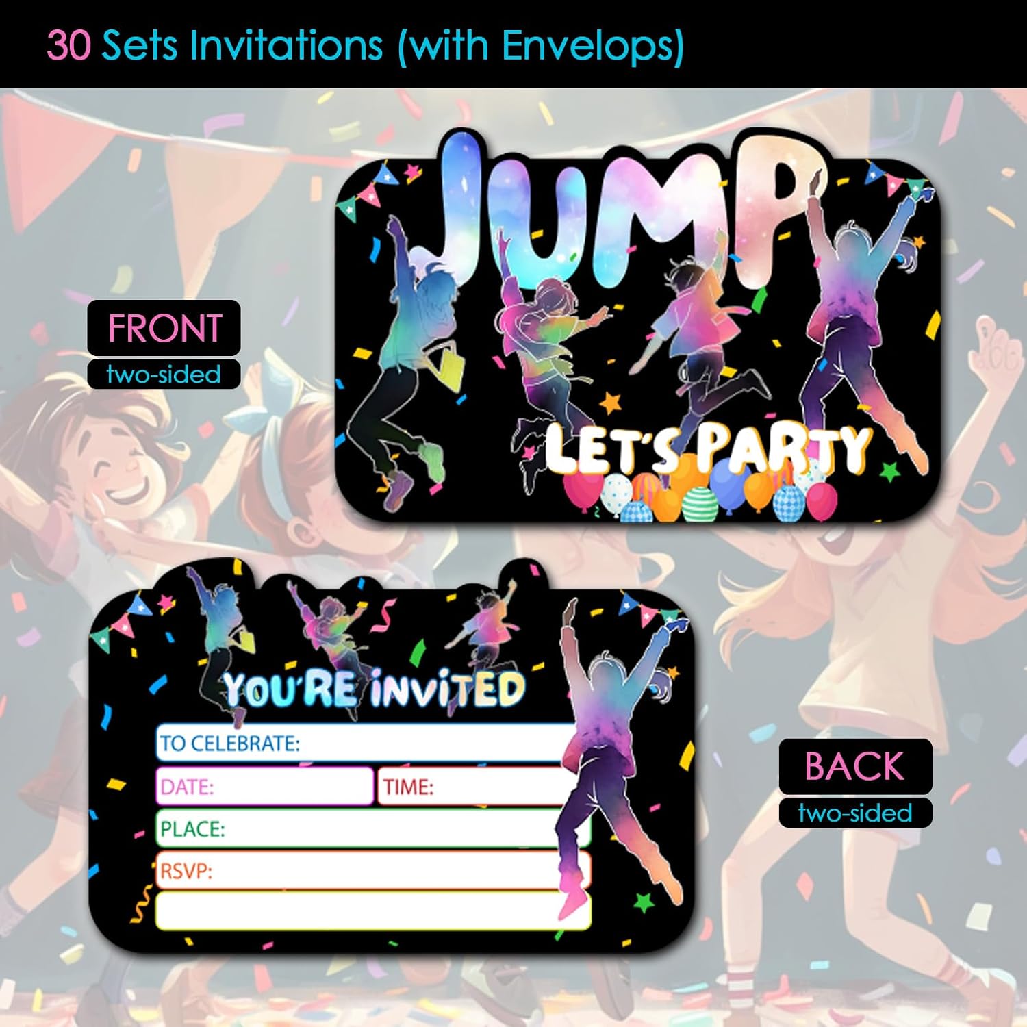Jump Birthday Party Invitations, Birthday Invite Cards for Boys Kids, Jumping Party Favors, 30 Set with Envelopes.